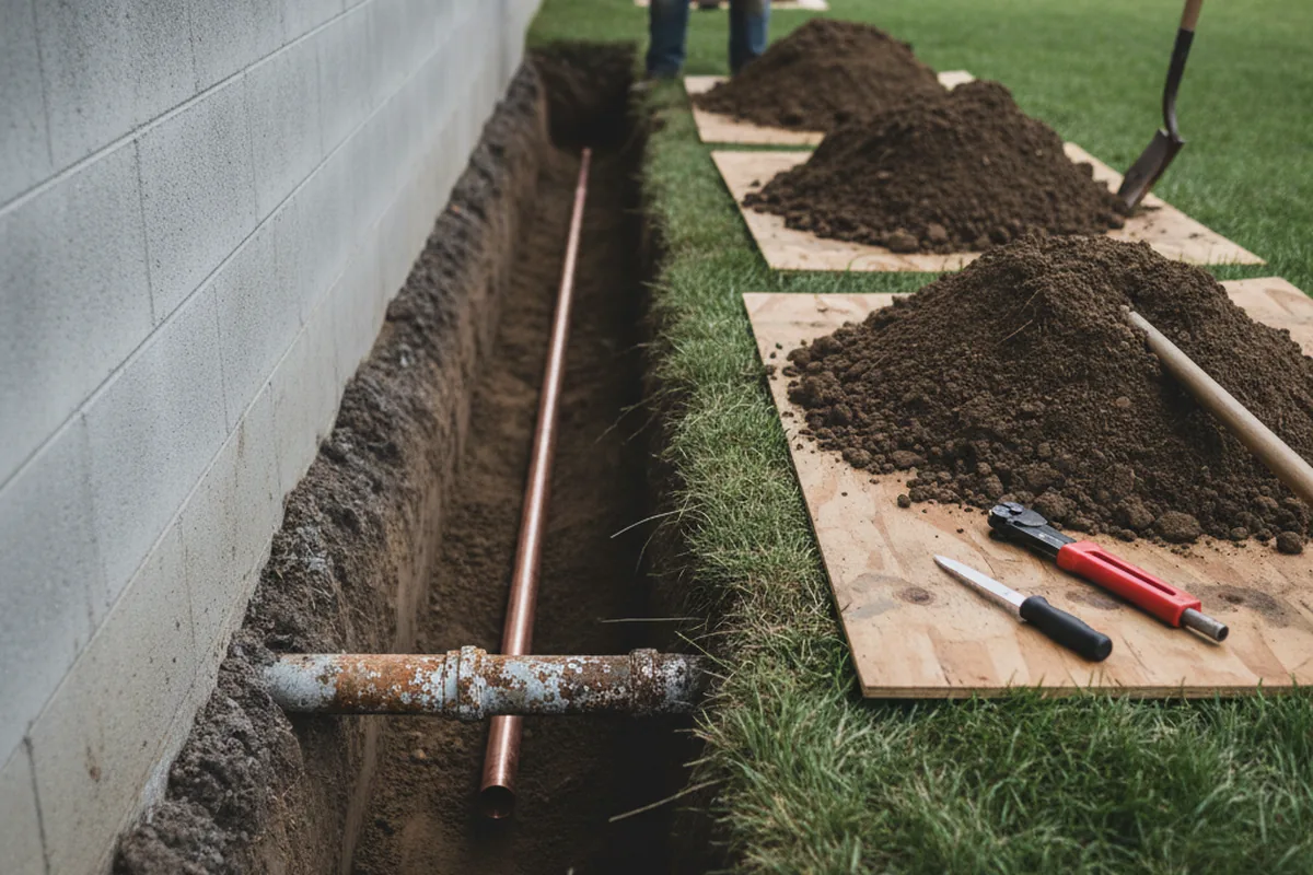 Excavated water line trench during Water Softener Installation in Machipongo